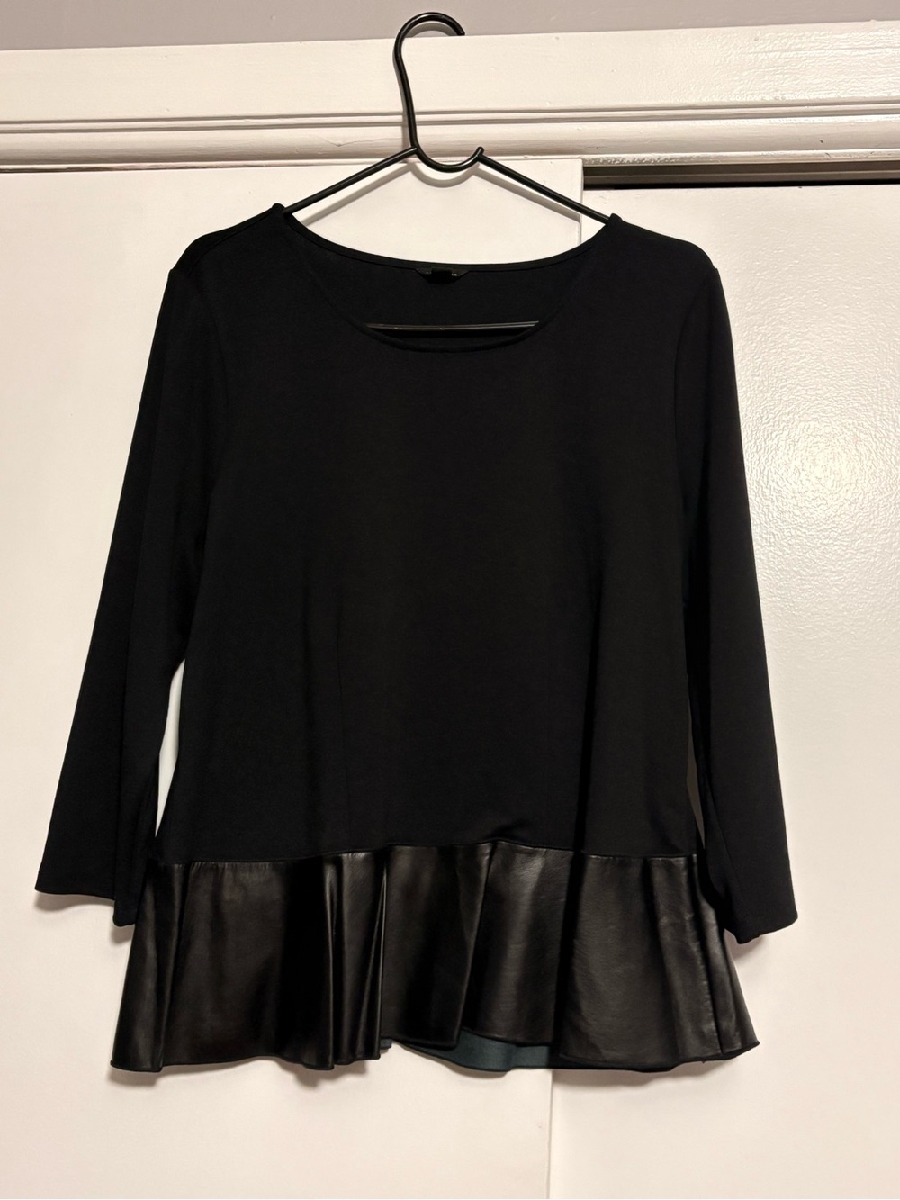 Ann Taylor Black Long Sleeve Top with Faux-Leather Ruffle Hem